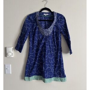 Boden Toulon Tunic Top Blue White Embroidered Scoop Neck Cotton US 4 Small Green